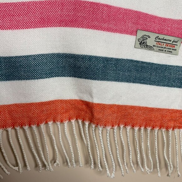 Cashmere Feel Italy Design Bold Colorful Stripe Fringe Scarf Orange Pink White - Picture 4 of 5
